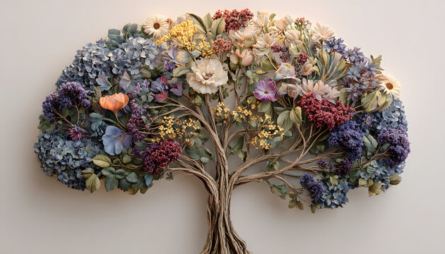 Human brain tree with flowers, self care and mental ealth concept, positive thnking, creative mind. 