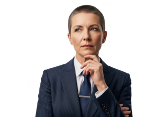Thoughtful businesswoman with short hair in suit portrait png image for design resources and projects isolated on transparent background