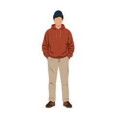 Obraz premium Young man wearing brown hoodie and beige pants with hands in pockets casual standing pose vector illustration 