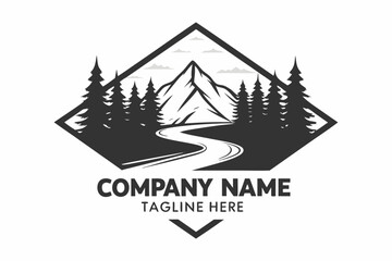 Mountain Landscape Art with Trees, Road and Clouds on White Background