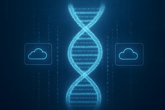 Futuristic DNA Strand with Binary Code, Cloud Data Icons, and Digital Holograph – Concept of Genomics and Technology