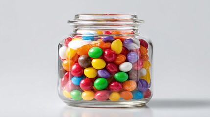 Brightly colored candies fill clear jar against white backdrop, casting a soft shadow