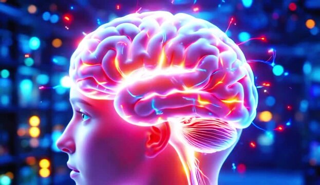 human head with brain. Head, brain lit up, neural connections, head tissues moving.	