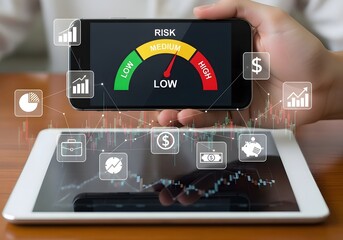 Fototapeta premium Hands holding a smartphone displaying a risk gauge with a tablet showing financial charts and icons