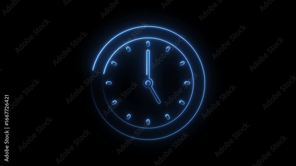 Poster glowing blue neon clock icon animation isolated on black background representing time passing