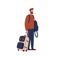 Man standing with rolling luggage and backpack ready for travel and urban commuting lifestyle activities 