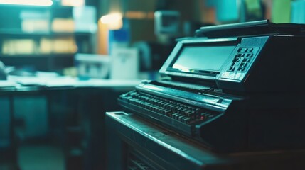 Obraz premium Vintage office printer, printing documents, dimly lit room, retro technology, archival use