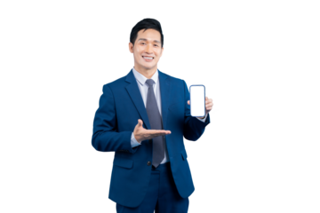  Asian businessman holding up and pointing to a smart phone with a blank screen. This image showcases a modern look for promotional or marketing usage, the man in a blue suit on PNG background