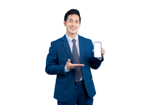  Asian businessman holding up and pointing to a smart phone with a blank screen. This image showcases a modern look for promotional or marketing usage, the man in a blue suit on PNG background