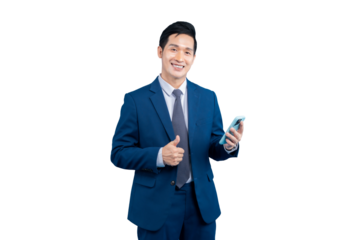  Asian businessman holding a smartphone and giving a thumbs up in a suit on PNG background