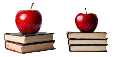 Red apple on top of stacked books isolated on a transparent background