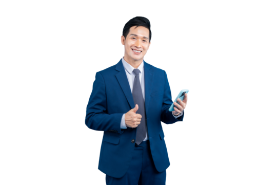  Asian businessman holding a smartphone and giving a thumbs up in a suit on PNG background