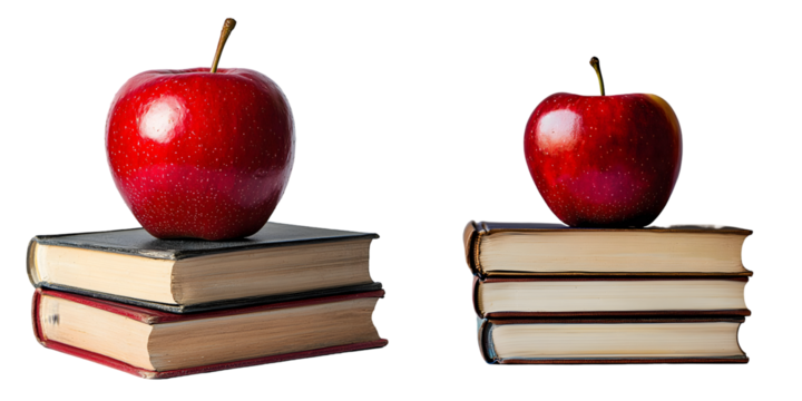 Red apple on top of stacked books isolated on a transparent background