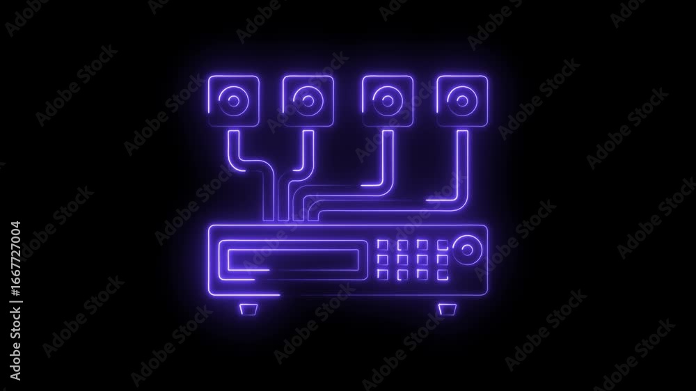 Poster glowing neon security system icon with cameras and control unit on black background digital