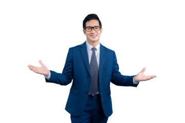 Asian businessman  welcomes the viewer while dressed formally and wearing glasses, isolated on a transparent background