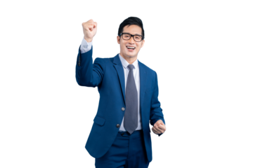  Asian businessman  successful businessman with a cheerful expression, wearing a suit celebrating his triumph on PNG background