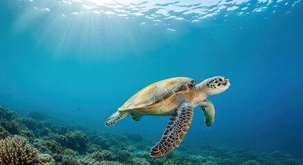 Obraz premium Sea Turtle Gliding Underwater in Tropical Ocean with Coral Reef