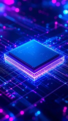 Futuristic Blue Circuit Board with Glowing Processor Chip.