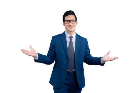  Asian businessman  welcomes the viewer while dressed formally and wearing glasses, isolated on a transparent background - Powered by Adobe