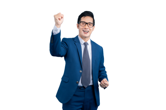 Asian businessman successful businessman with a cheerful expression, wearing a suit celebrating his triumph on PNG background