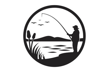 Monochrome Emblem Design Of ApeLike Creature Holds Fishing Rod In Decorative