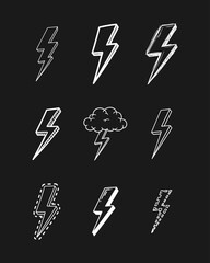 Obraz premium Collection of lightning bolt hand drawn doodle thunderstorm and flash icons set