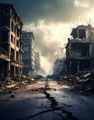 Desolate Cityscape After Disaster, Broken Buildings, Cracked Road.