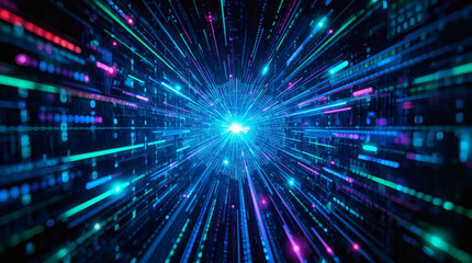 Fototapeta premium Abstract Digital Data Stream with a Vibrant Motion Blur and Binary Code - A High-Tech Concept of Technology and AI.