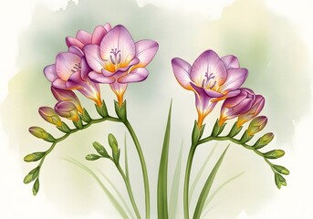 Fototapeta premium Delicate watercolor painting of two blooming stems of pink freesia flowers with green leaves and buds