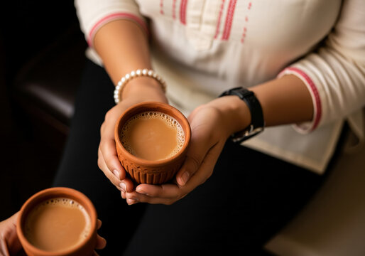 A warm and inviting close-up of a person holding a hot earthen clay cup of milky Indian masala chai tea.