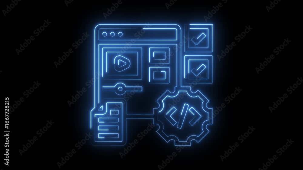 Aufkleber glowing blue neon interface icons representing digital workflow tasks including play button