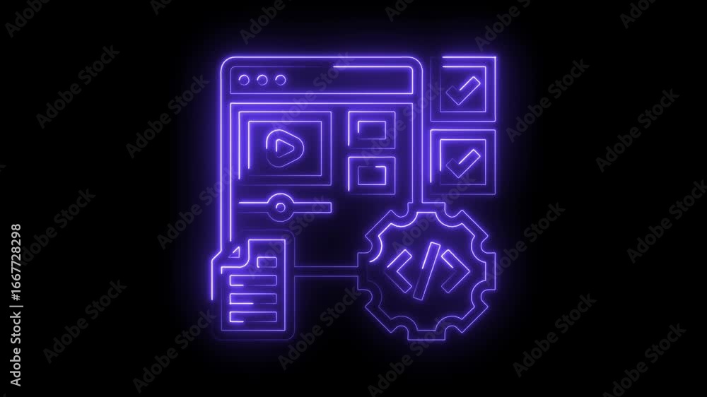 Poster glowing neon purple u i elements representing software development workflow process task