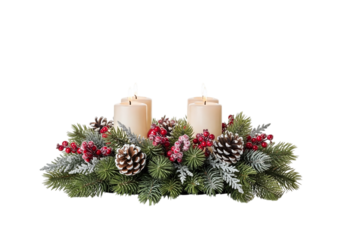 Christmas advent wreath with two candles and pinecones isolated on transparent background