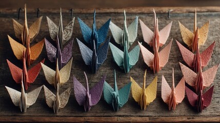 Top-down view of meticulously arranged origami paper cranes in pastel colors on textured wooden table representing craftsmanship and paper art