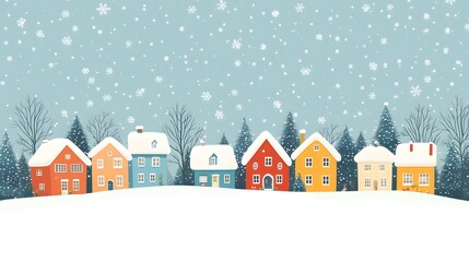Colorful houses surrounded by snow and trees create a picturesque winter landscape in a charming neighborhood during a snowstorm