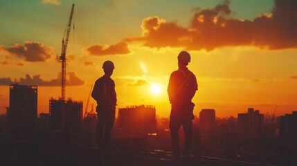 Fototapeta premium Silhouette of construction workers against a cityscape at sunset, symbolizing teamwork