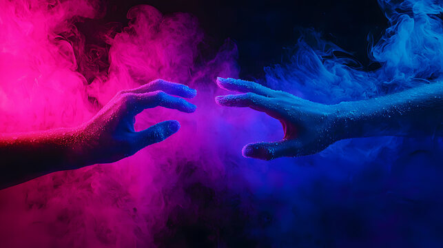 Futuristic neon frozen designs Two hands reaching through colorful smoke. Abstract creative ice photography Glowing neon ice art concepts