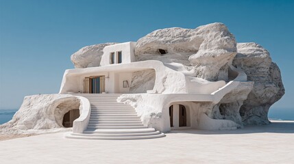 Stone house with stairs, a front facade, overlooking the sea and sky for real estate