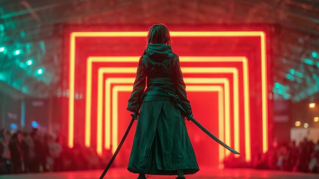 Samurai cosplayer with katana sword from rear on anime convention stage posing to audience with big neon lightshow in background