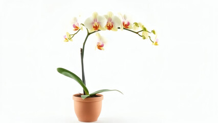 Potted Phalaenopsis Orchid with a Long Stem and Cream-Colored Blooms - A Clean Studio Shot with a White Background and Copy Space.