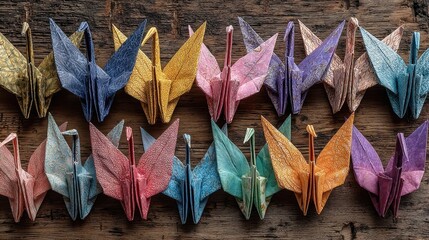 Top-down view of meticulously arranged origami paper cranes in pastel colors on textured wooden table representing craftsmanship and paper art