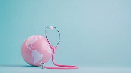 World health concept depicted by a pink globe and stethoscope on blue backdrop