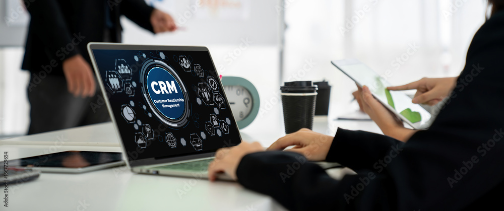 Poster customer relationship management system on modish computer for crm business and enterprise