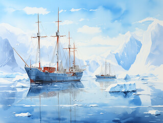 Obraz premium Sailing ship in icy arctic waters