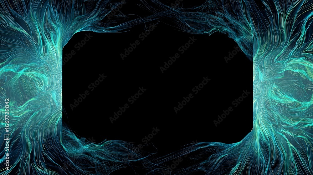 Poster abstract design featuring teal lines radiating outward, creating a dynamic frame against a stark bla
