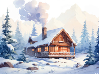Naklejka premium Cozy wooden cabin in snowy mountain forest
