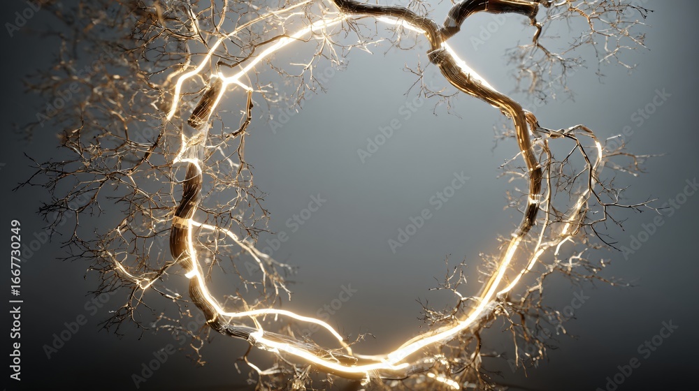 Poster intricate, golden-lit, branching structure forms a circular frame against a muted backdrop.