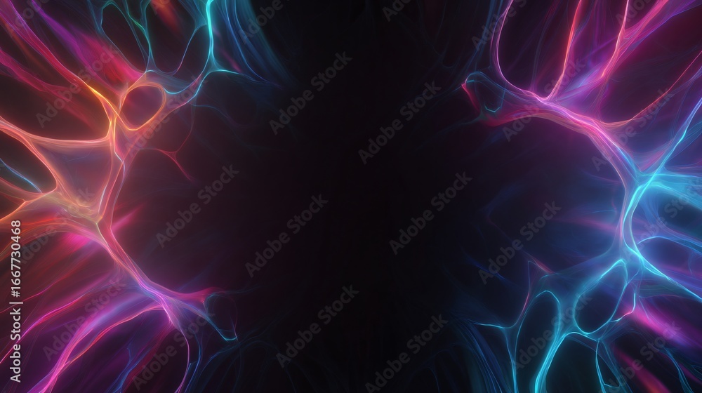 Poster abstract design featuring vibrant, glowing lines and shapes in a dark space, creating a dynamic and 