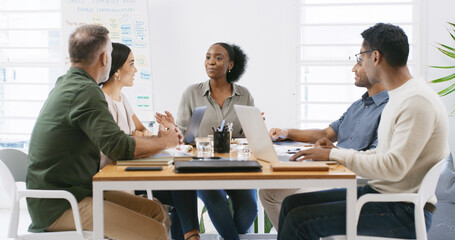 Collaboration, meeting and project management with business people in office boardroom for review. Conversation, feedback and update with employee team in professional workplace for discussion