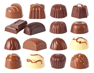 Obraz premium Assorted Chocolates on Transparent Background Displaying Various Shapes Textures and Shades in Studio Lighting